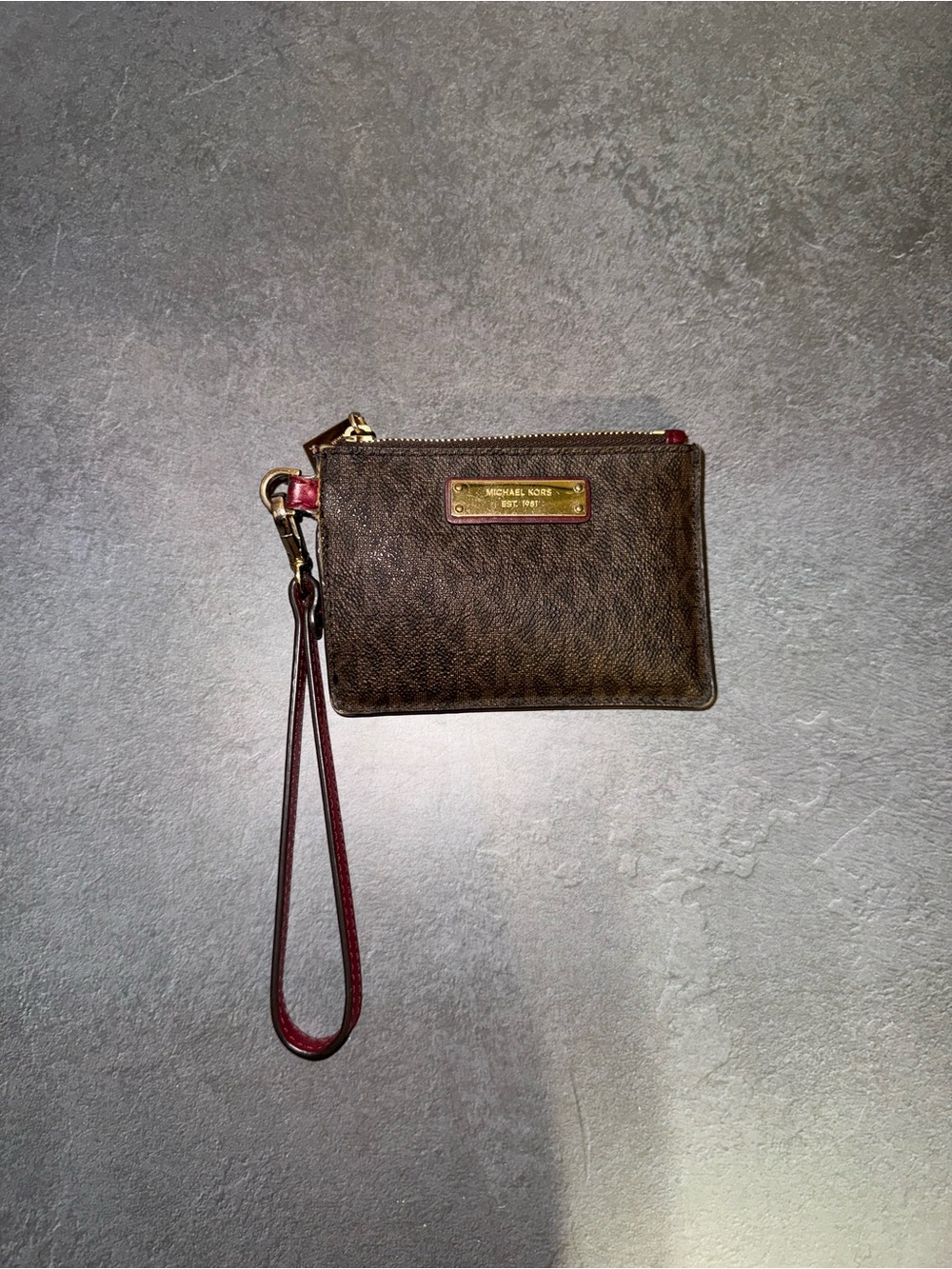 Michael Kors Brown Logo Wristlet with Burgundy Strap